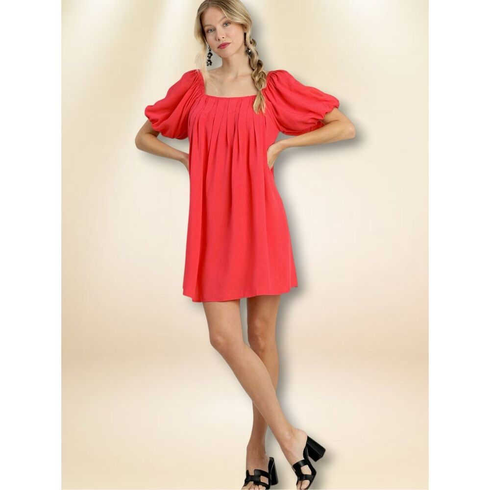 Umgee Corol Red Puff Sleeve Mini Dress Square Neck Babydoll Flowy Medium NWT